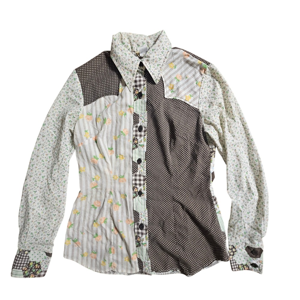 Vintage Lasso Patchwork Floral Polka Dot Western Button Front Shirt S Retro Boho